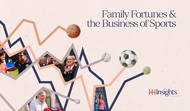 An image with photographs of sports investors and business leaders, sporting equipment, and intersecting financial graphs.