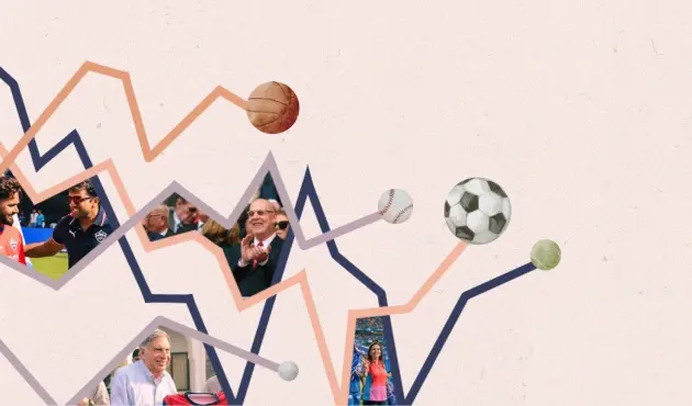 An image with photographs of sports investors and business leaders, sporting equipment, and intersecting financial graphs.